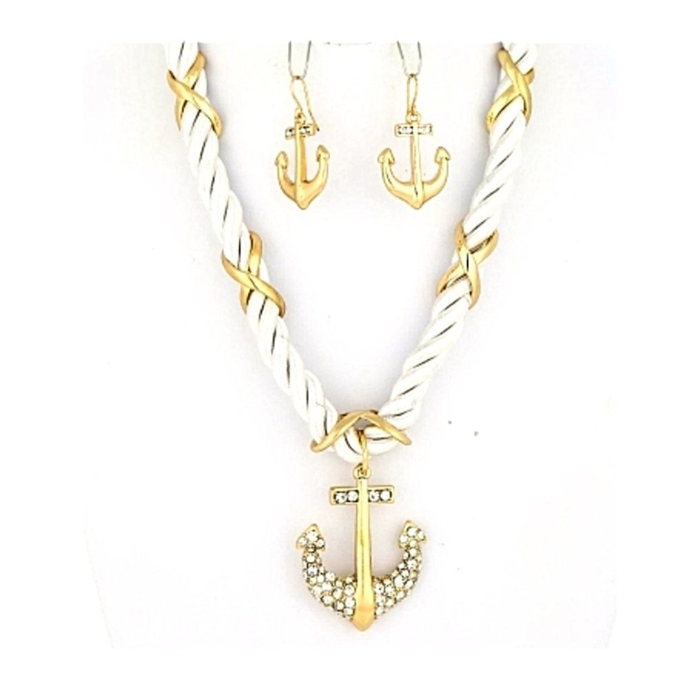 White Anchor Pendant Nylon Cord Necklace Set
